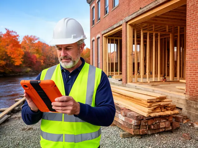 Renovation contractor in a white hard hat and hi-vis vest reviewing plans on a tablet at a brick mill site
