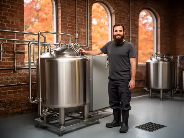 Bearded craft brewery owner standing proudly beside a new stainless steel brewing kettle in a brick brewhouse