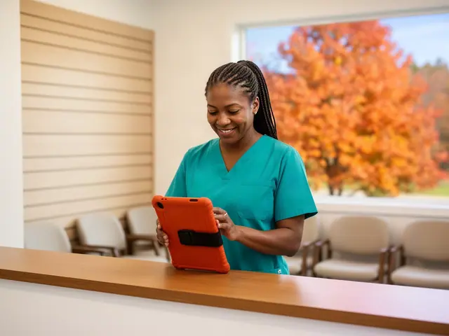 Dental practice office manager in teal scrubs smiling at a tablet at the reception counter