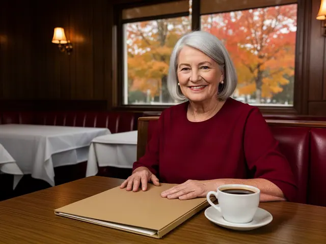Smiling supper club owner with a silver bob, hands on a closed folder at a table in her empty dining room