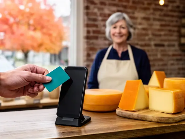Customer tapping a teal card on a payment device at a cheese shop counter, smiling owner behind